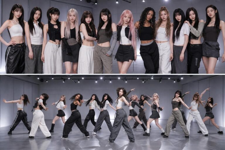 K-pop choreography featured image - HYBE Releases Choreography Look at LE SSERAFIM–ILLIT–KATSEYE’s “ICONIC BY MISTAKE” Collab...
