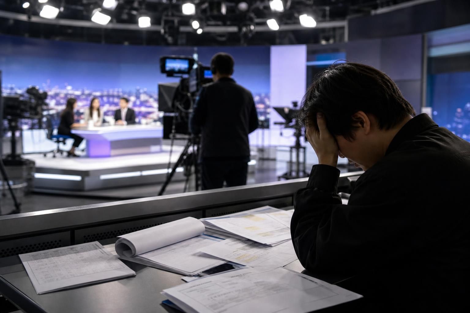 [broadcast studio, wage dispute, media restructuring] Image showing the article's key context - Multiple reports reflected in...