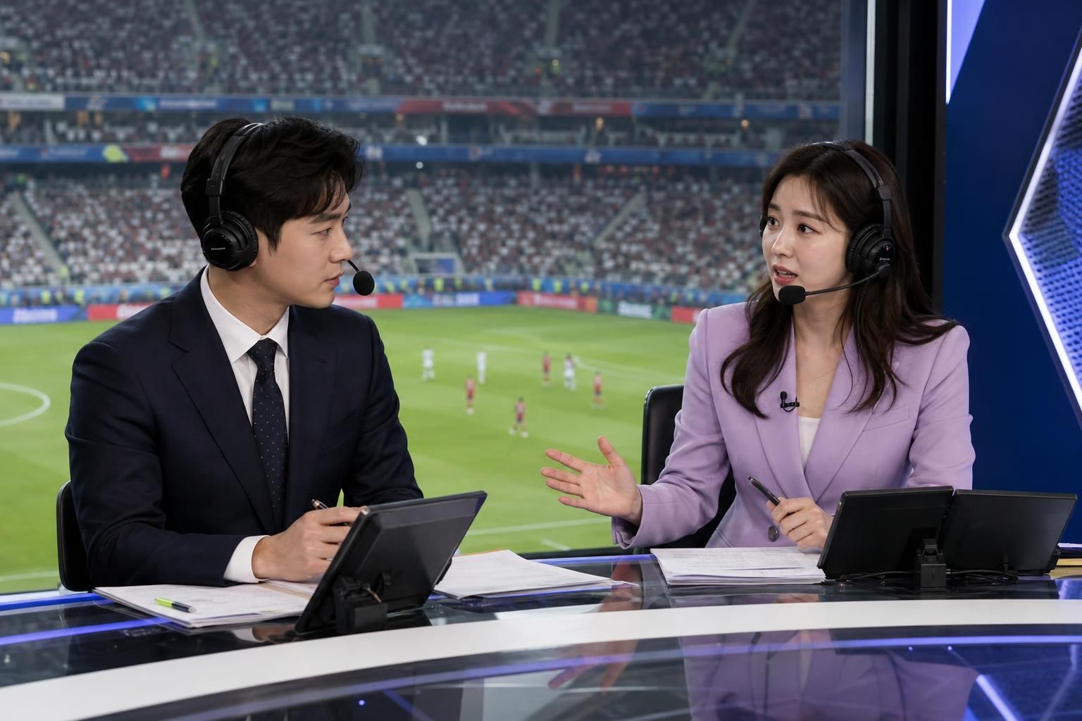 [World cup broadcast, sports commentary, TV studio] Image showing the article's key context - Supporters, however, counter th...