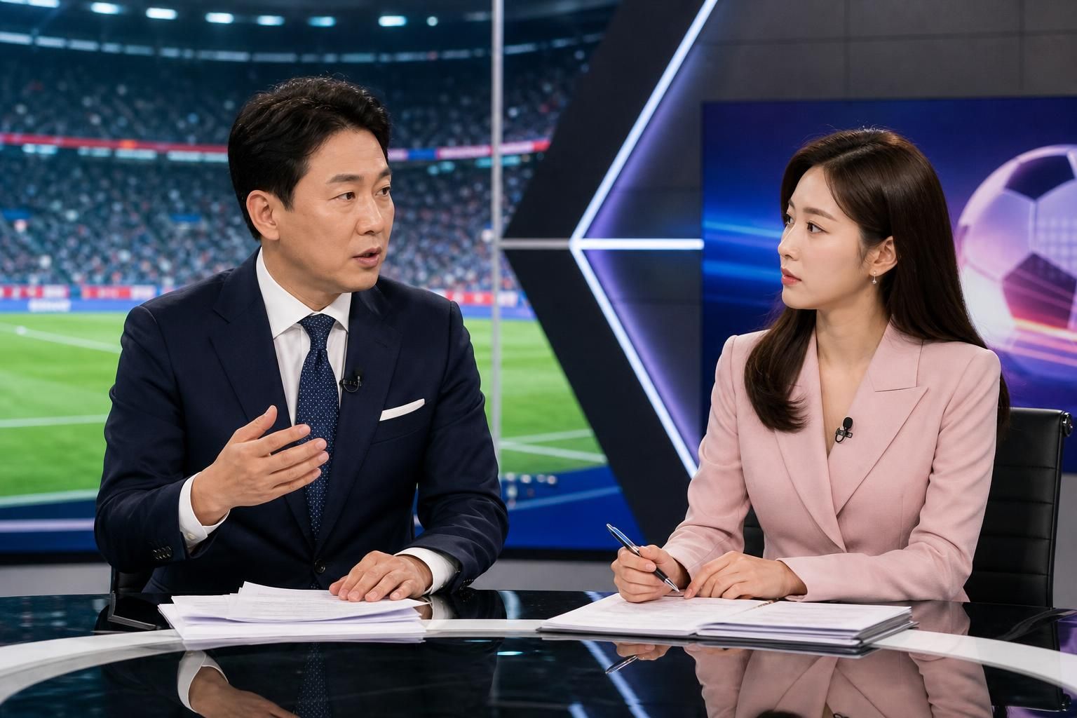 [World cup broadcast, sports commentary, TV studio] Image explaining the article's impact and background - Yet the controvers...