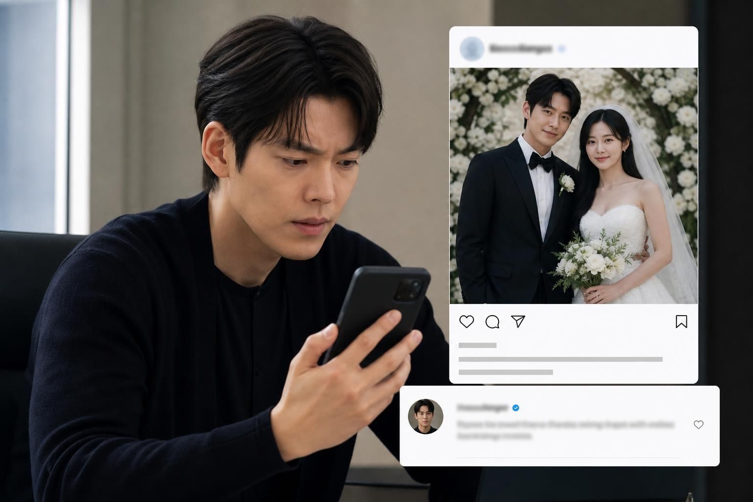 AI deepfake Image showing the article's key context - Because neither the actor couple nor Kim Ji Won had released any weddin...