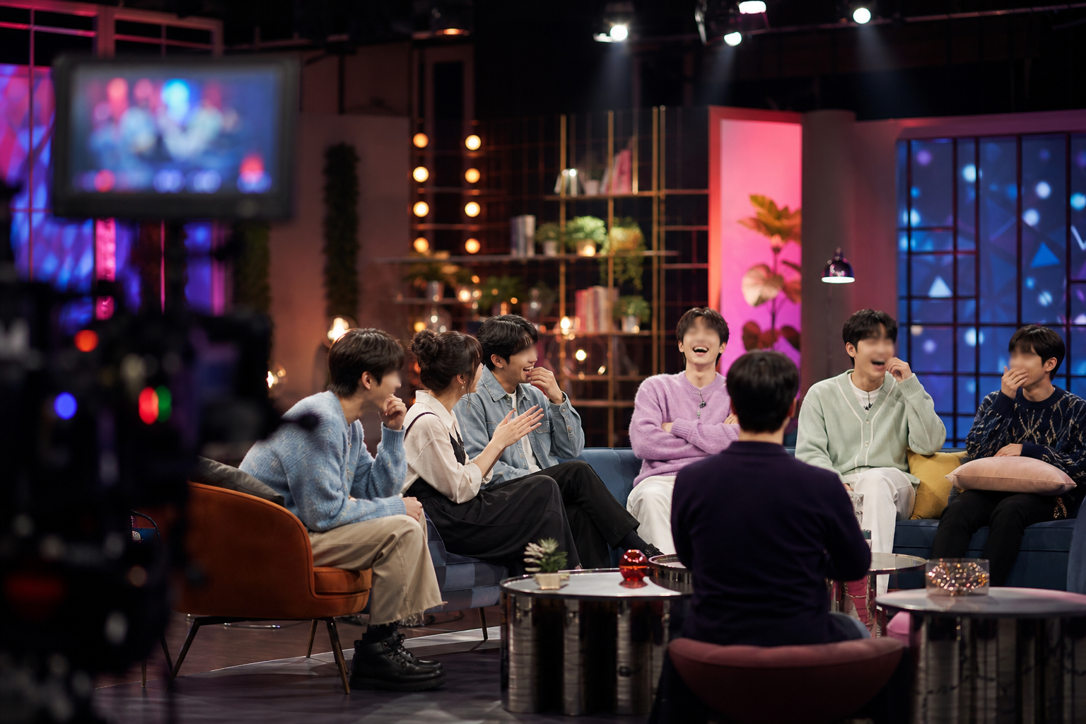 Korean variety show reaction scene showing playful cast chemistry and idol guest banter