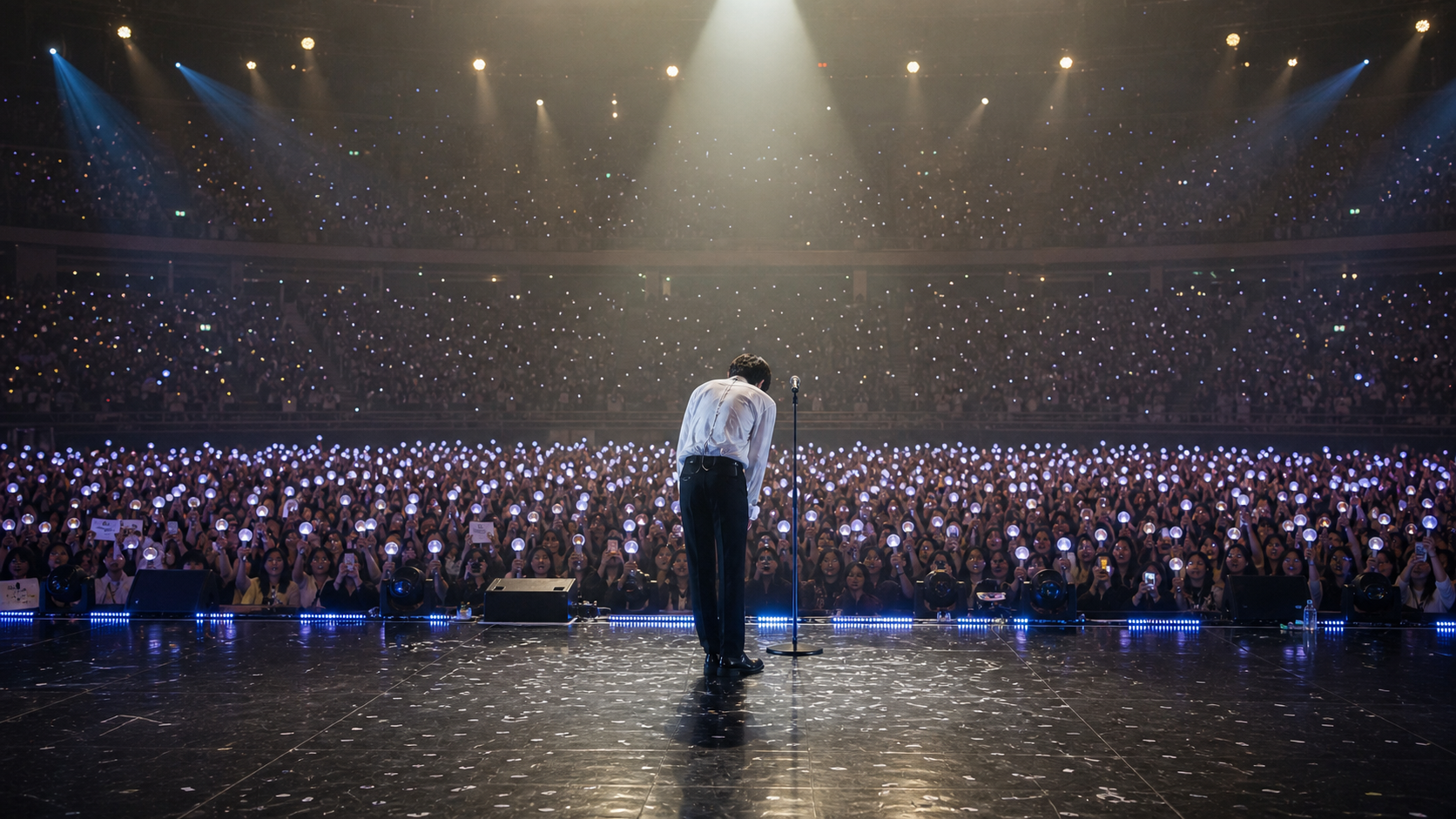Generic solo K-pop concert crowd supporting a performer on stage