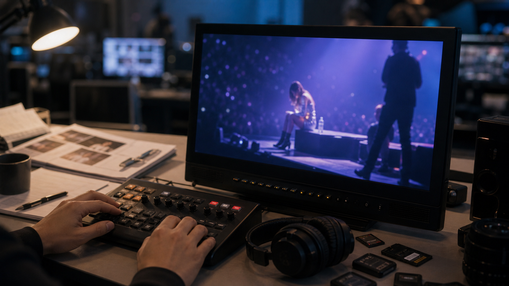 Entertainment production monitor showing a blurred concert-stage pause