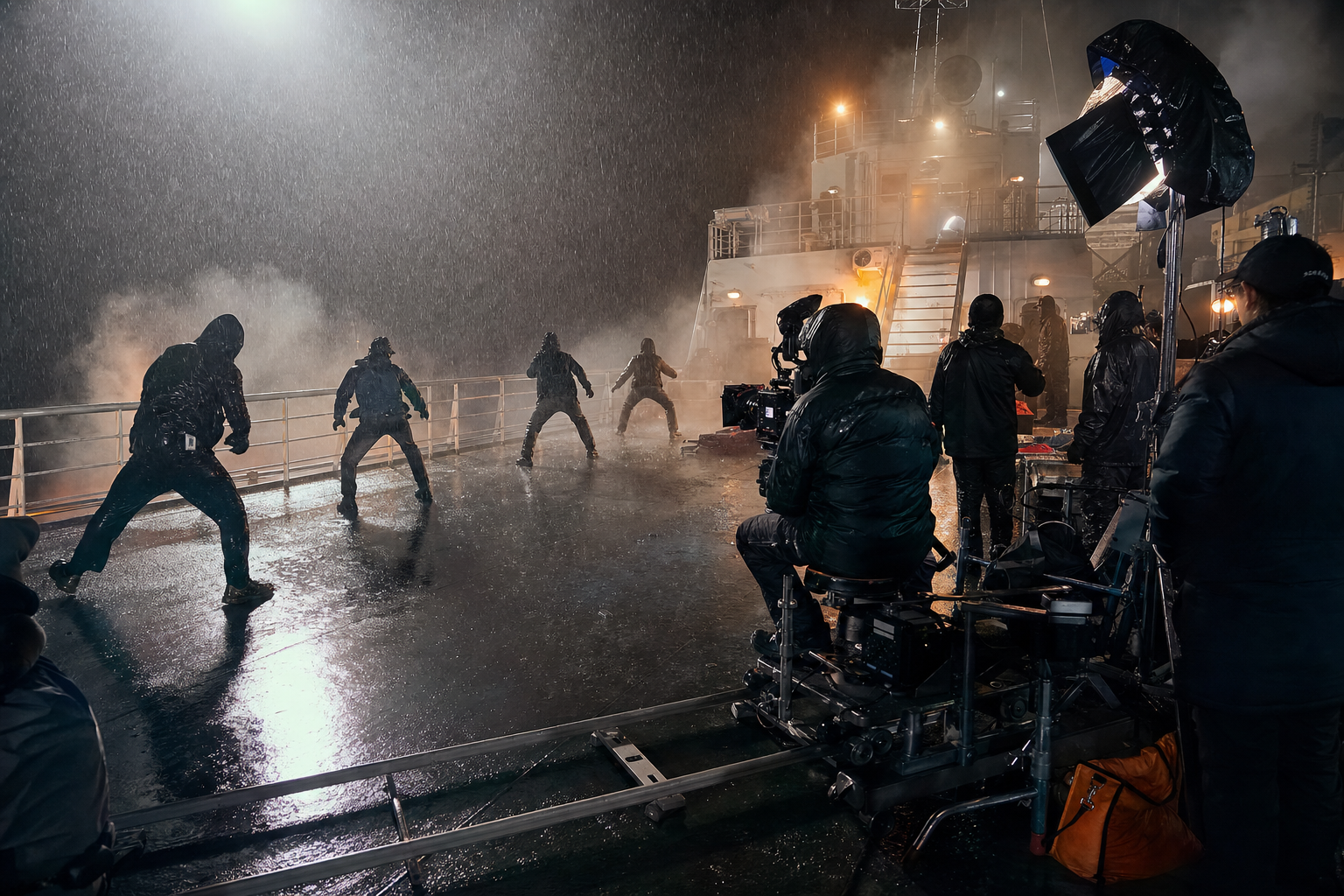 Korean drama action scene production with rain and stage lighting