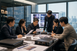 Editorial image of a modern Korean entertainment studio acquisition meeting