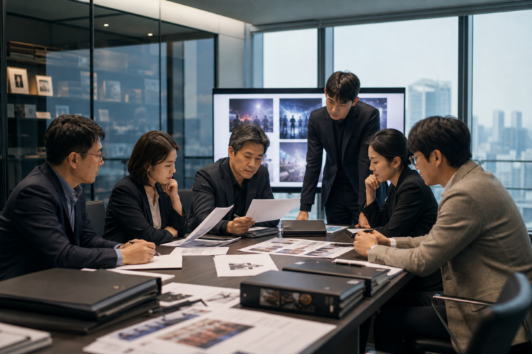 Editorial image of a modern Korean entertainment studio acquisition meeting