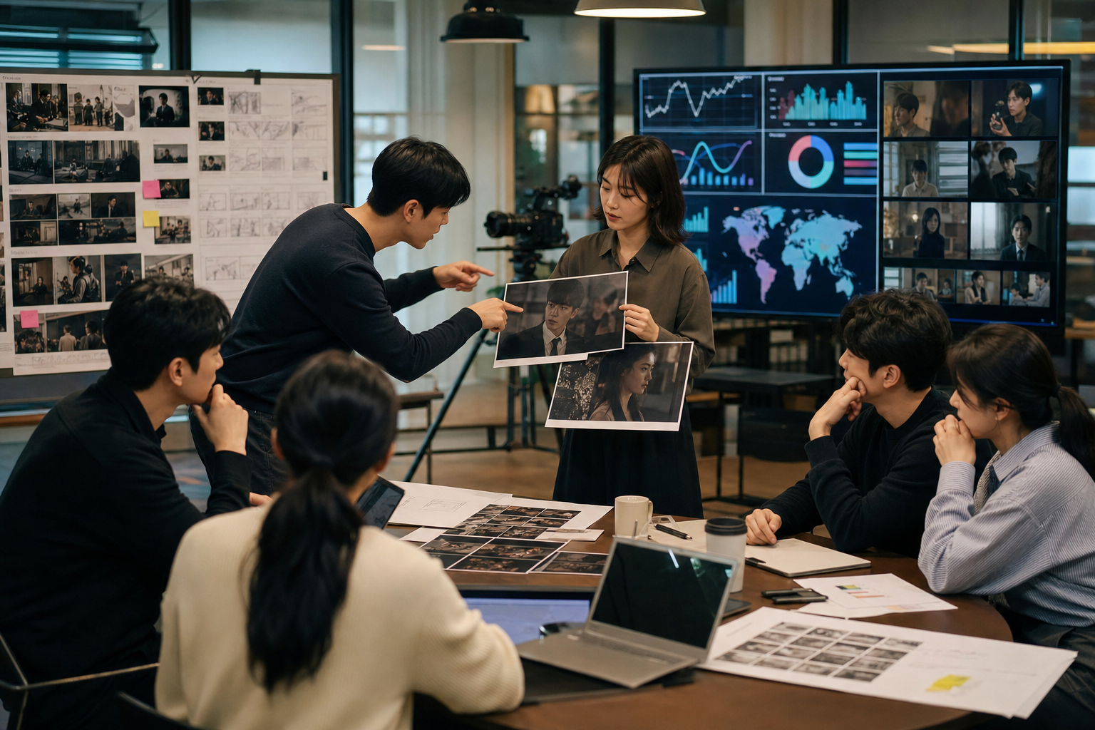 Korean content production and distribution strategy shown through a studio planning room