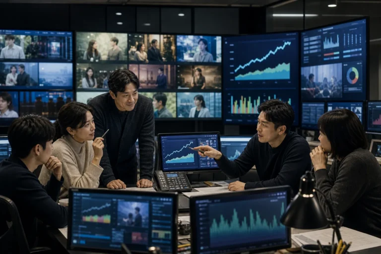 Editorial image of a Korean drama control room tracking rising viewership before a finale