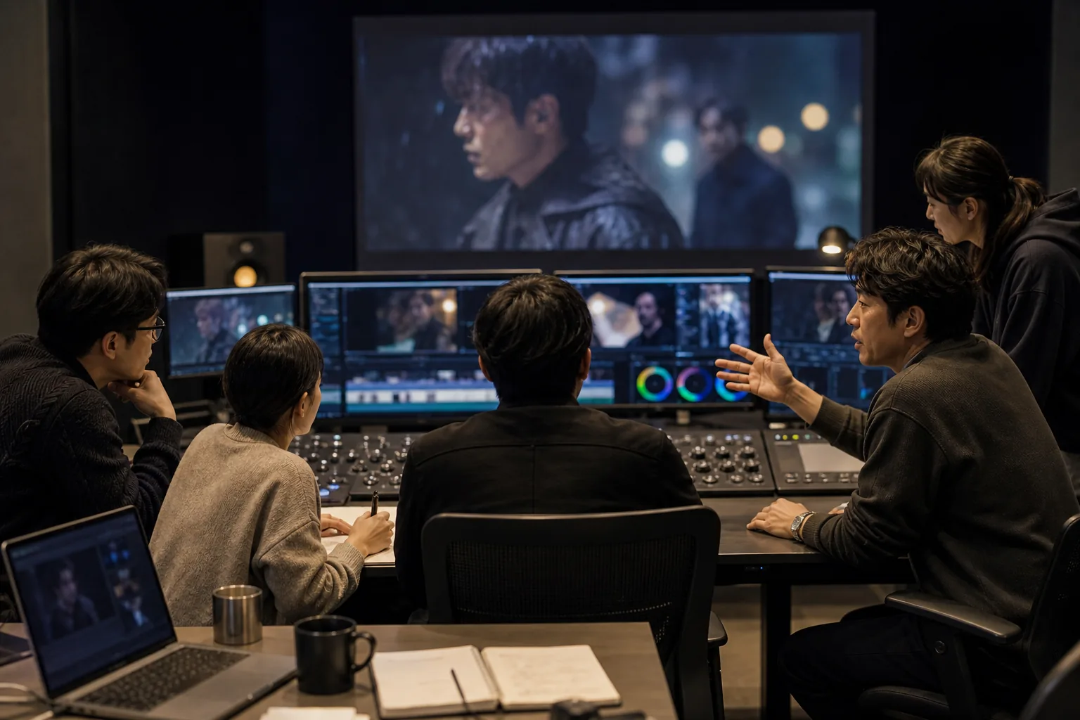 Korean drama production team reviewing an intense episode before the finale