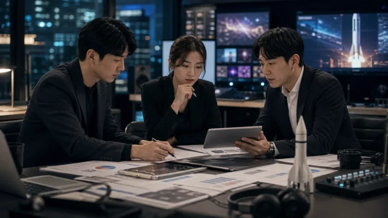 Editorial image of a Korean entertainment investment analysis desk