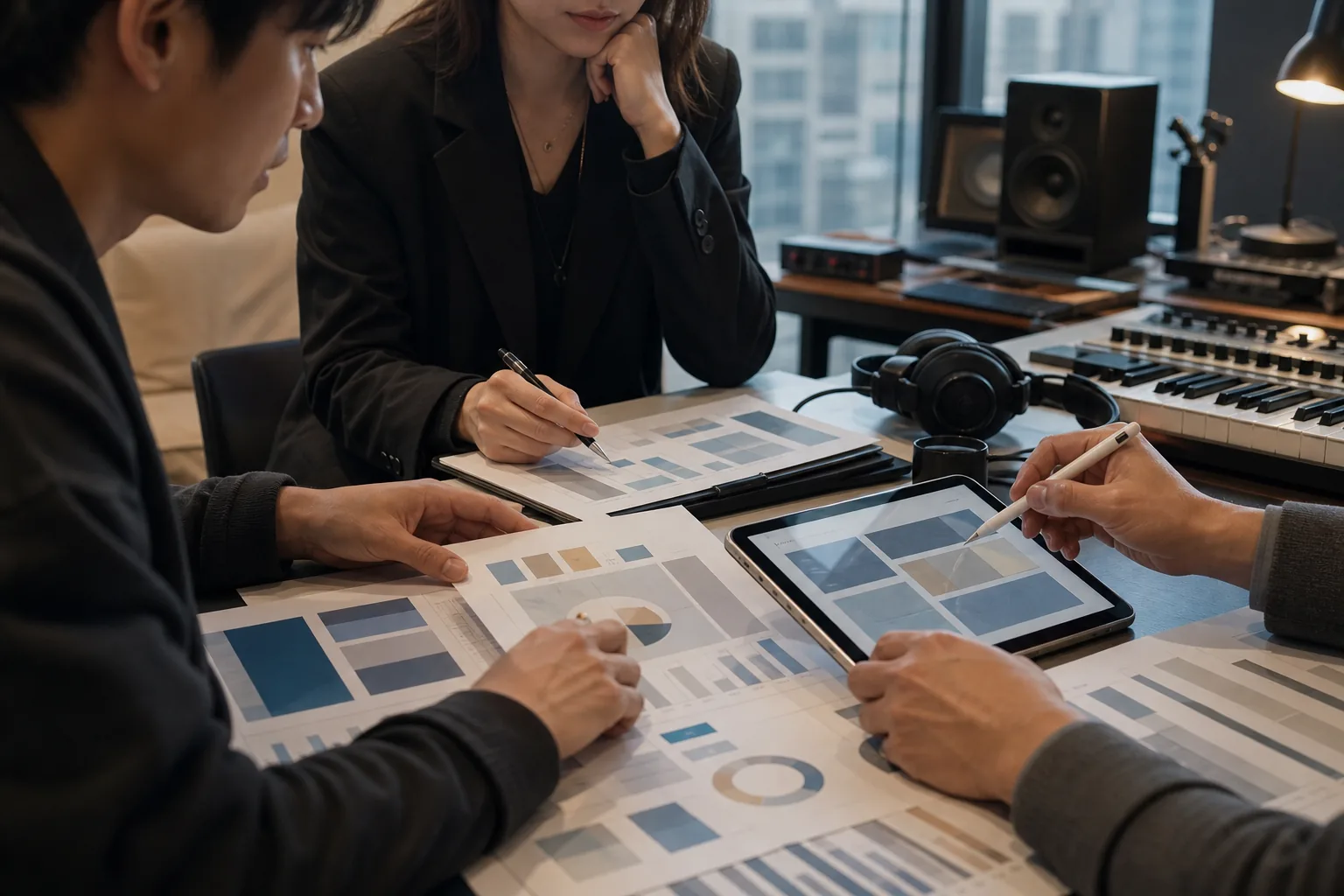 Korean music business team reviewing private-market investment documents
