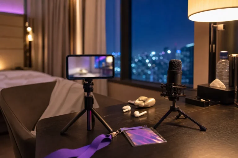Editorial image of a K-pop live broadcast setup with Korean comments on a phone screen