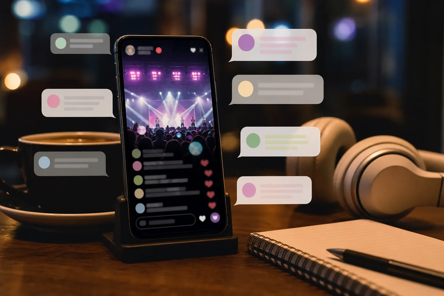 Smartphone live stream interface with Korean comment bubbles and soft studio lighting