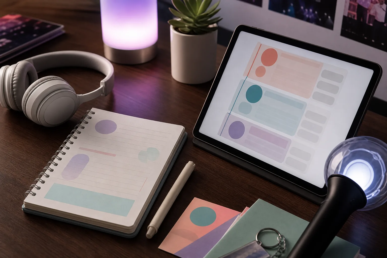 Editorial newsroom desk with translation app, headphones, and Korean language notes
