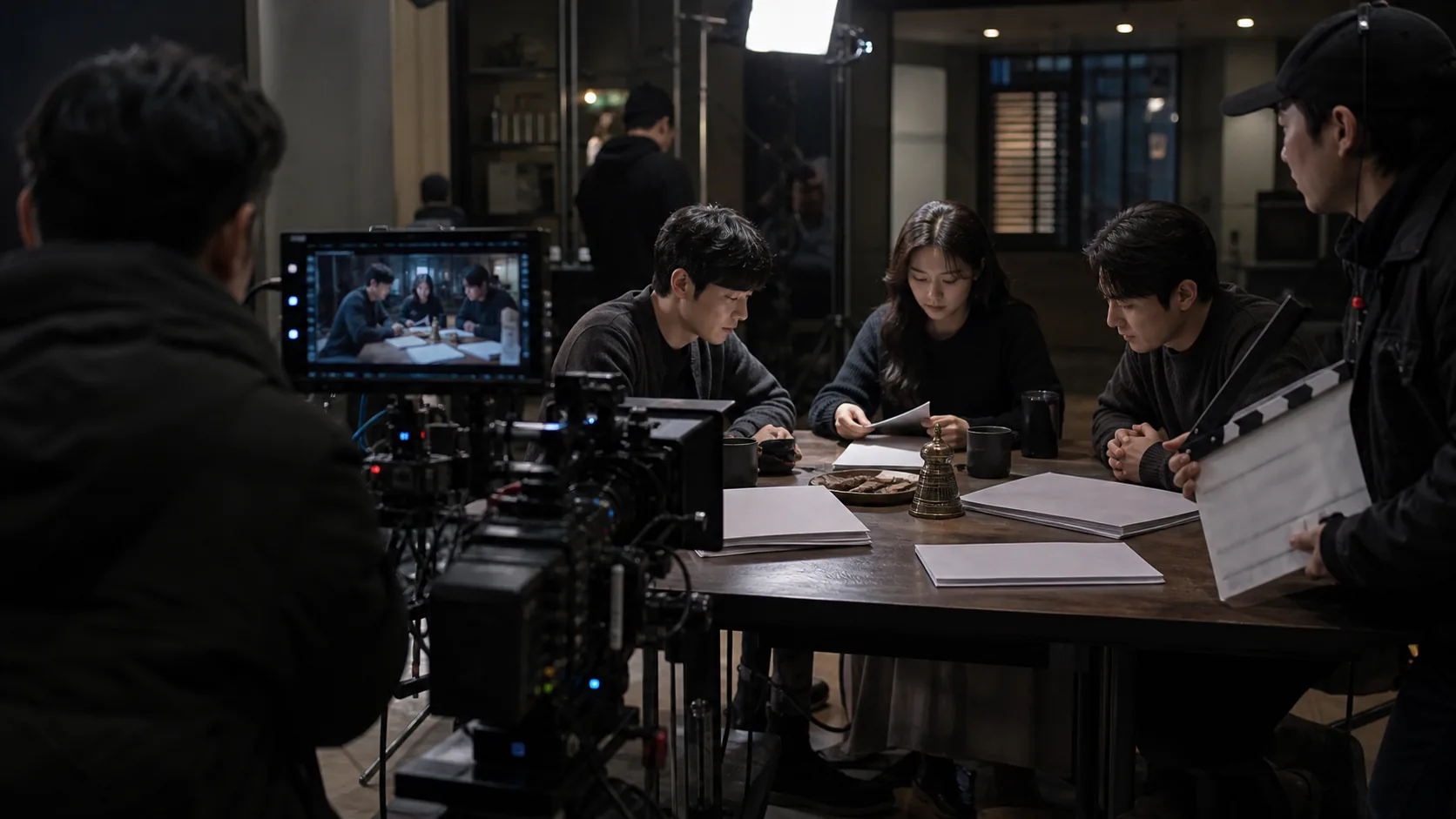 Korean film set with camera equipment and scripts for a mystery production