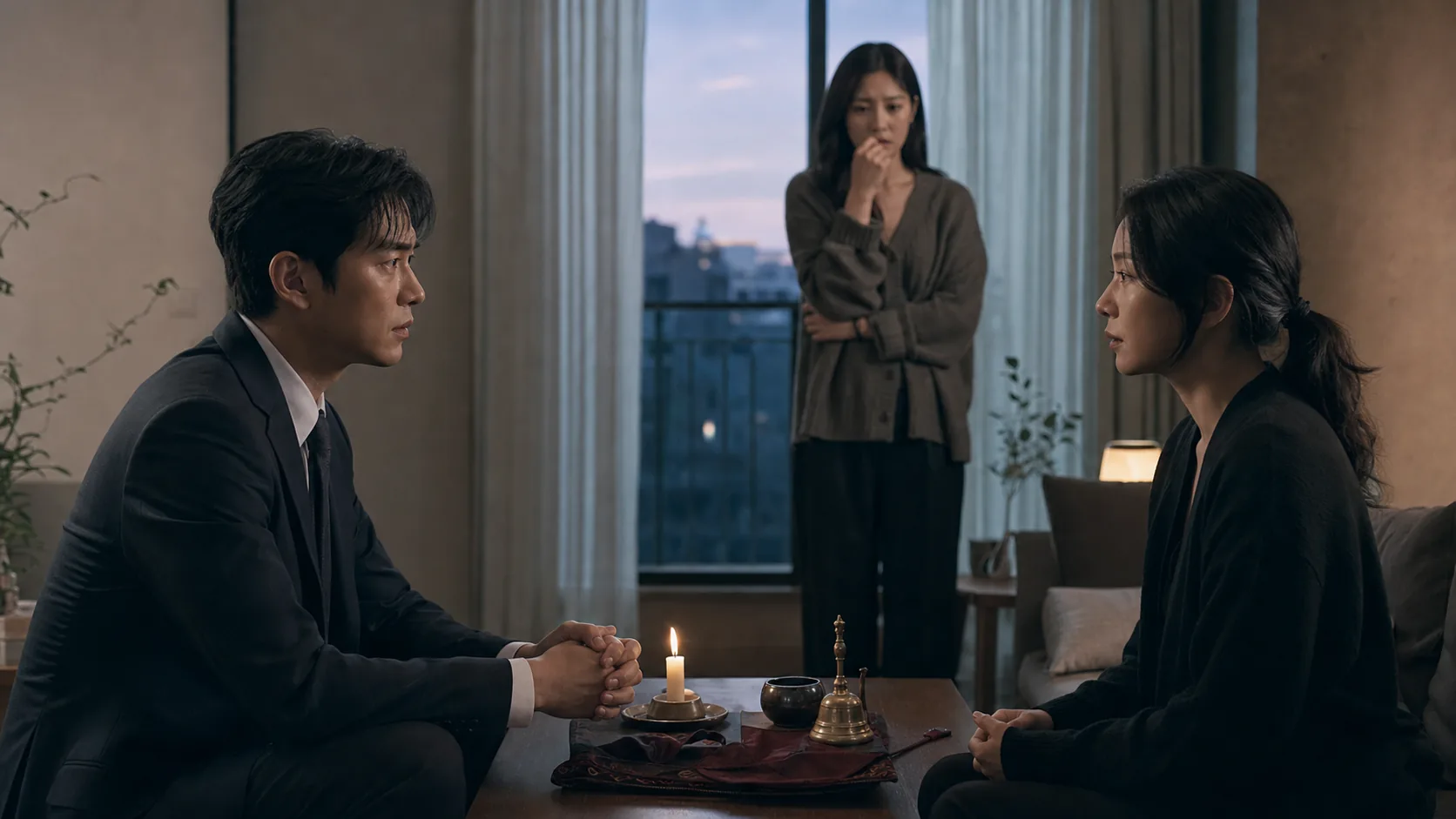 Cinematic interior scene suggesting a lawyer, shaman and anxious wife in a Korean mystery story