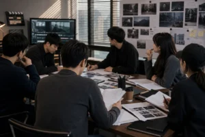 Editorial image of a Korean detective drama script reading table