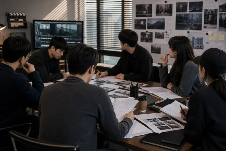 Editorial image of a Korean detective drama script reading table