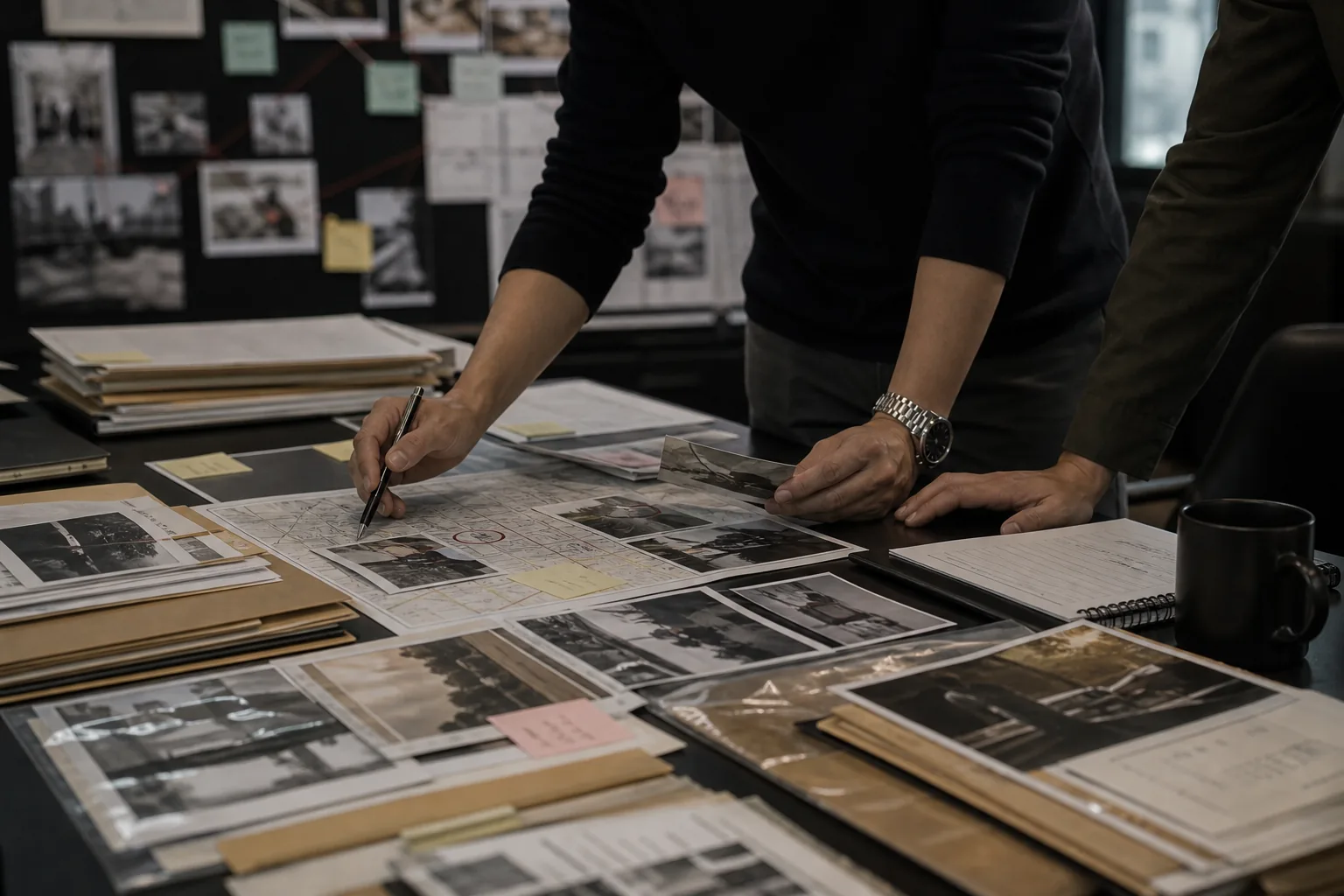 Korean police procedural drama planning scene with case files