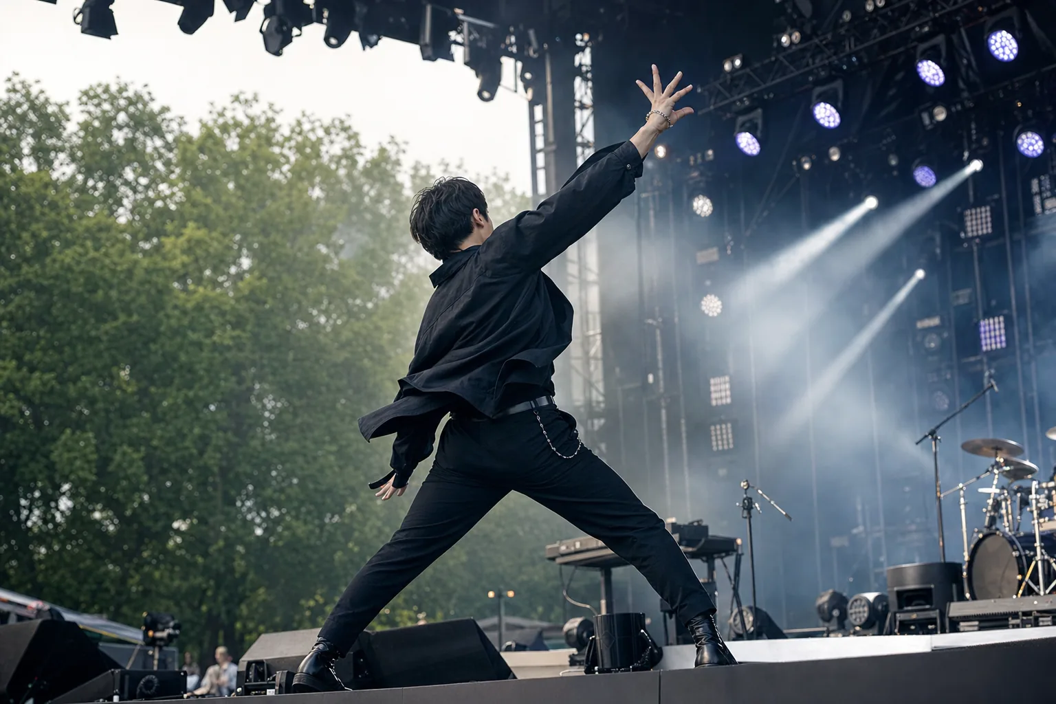 AI-generated editorial image of a solo K-pop performer on an outdoor festival stage