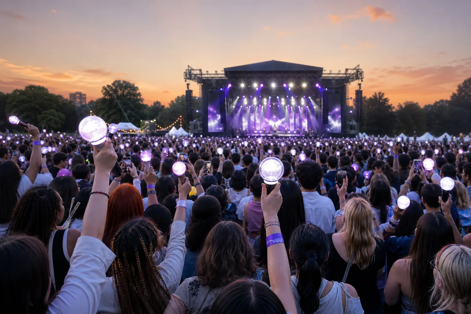 AI-generated editorial image of a festival crowd watching a K-pop stage in London