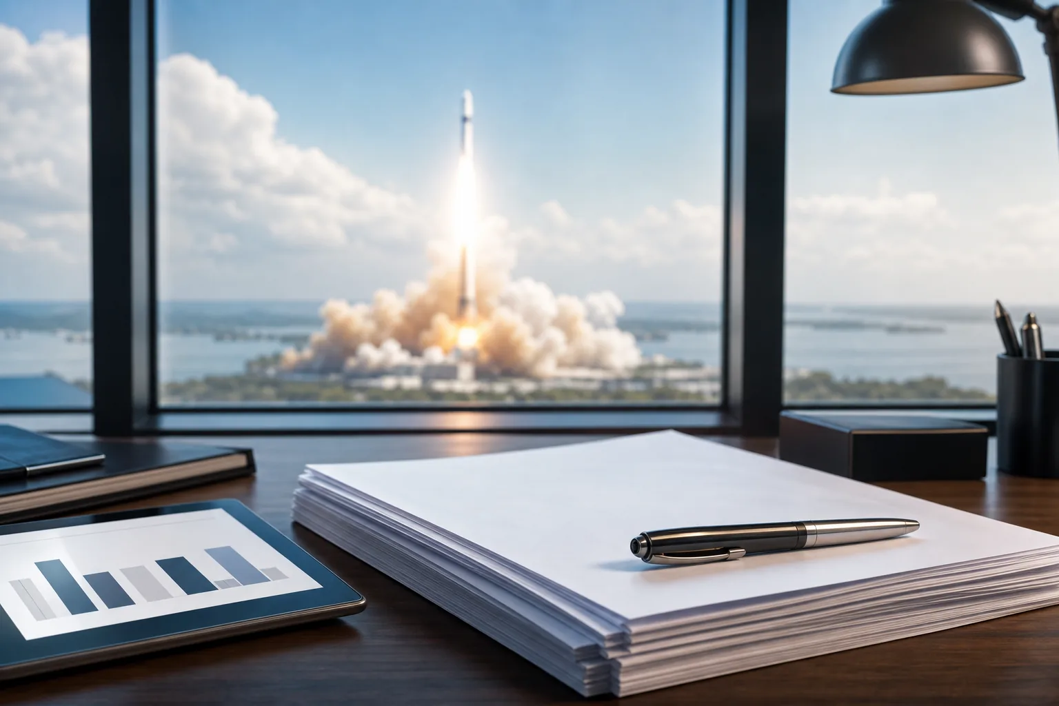 AI-generated editorial image of private investment documents and a spacecraft launch concept