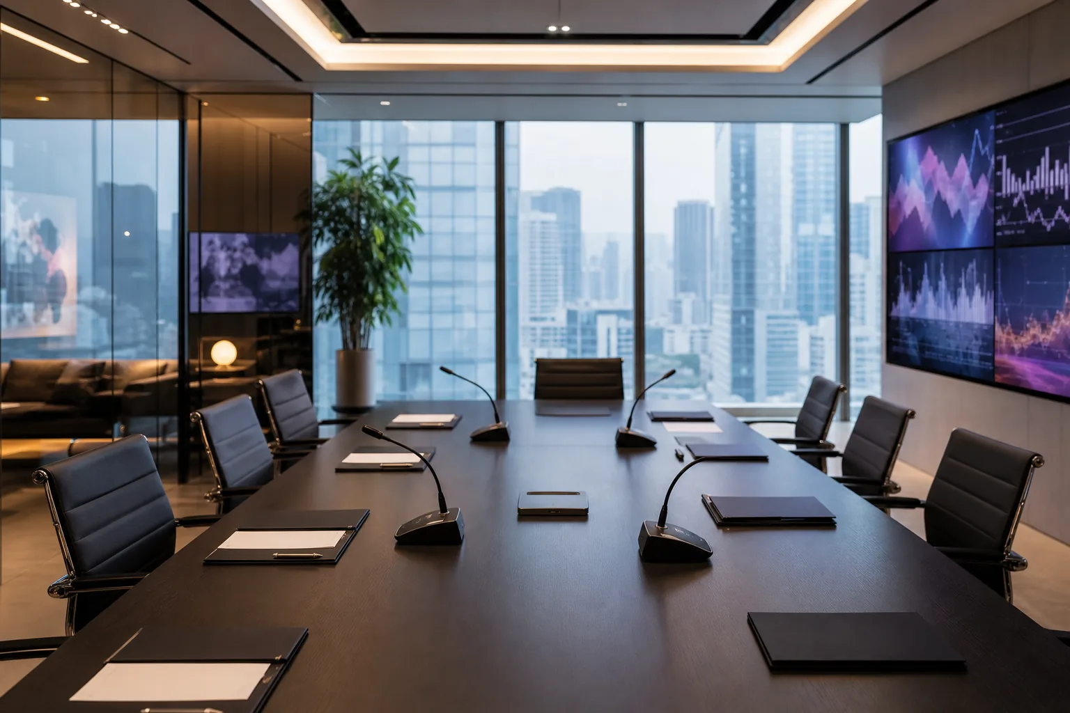 AI-generated editorial image of entertainment business offices and financial market screens