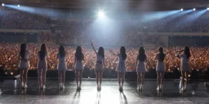 AI-generated editorial image representing a K-pop group reunion concert with bright stage lights and cheering fans