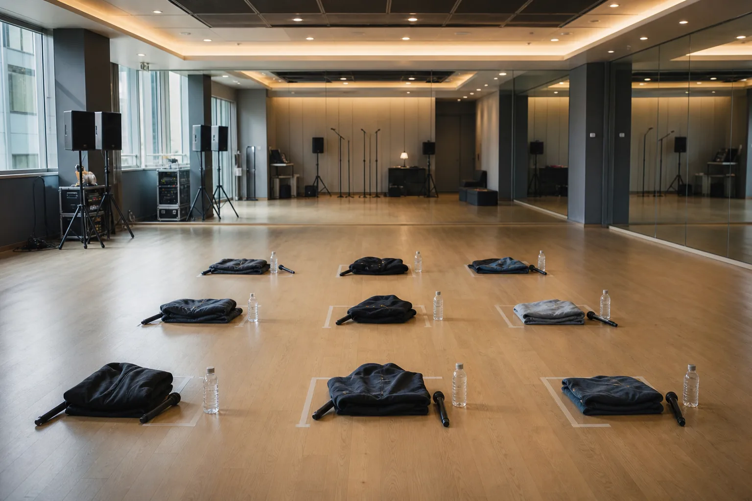AI-generated editorial image of a K-pop rehearsal room prepared for a reunion project