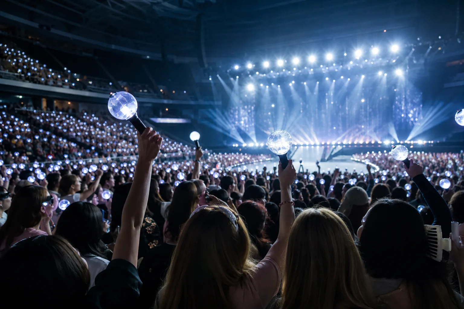 AI-generated editorial image of fans at an arena concert holding light sticks