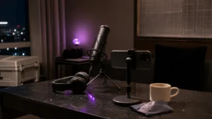 AI-generated editorial image of a late-night K-pop livestream setup with a microphone, headphones, and soft studio lighting