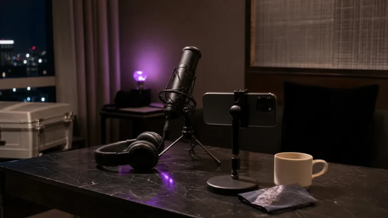 AI-generated editorial image of a late-night K-pop livestream setup with a microphone, headphones, and soft studio lighting