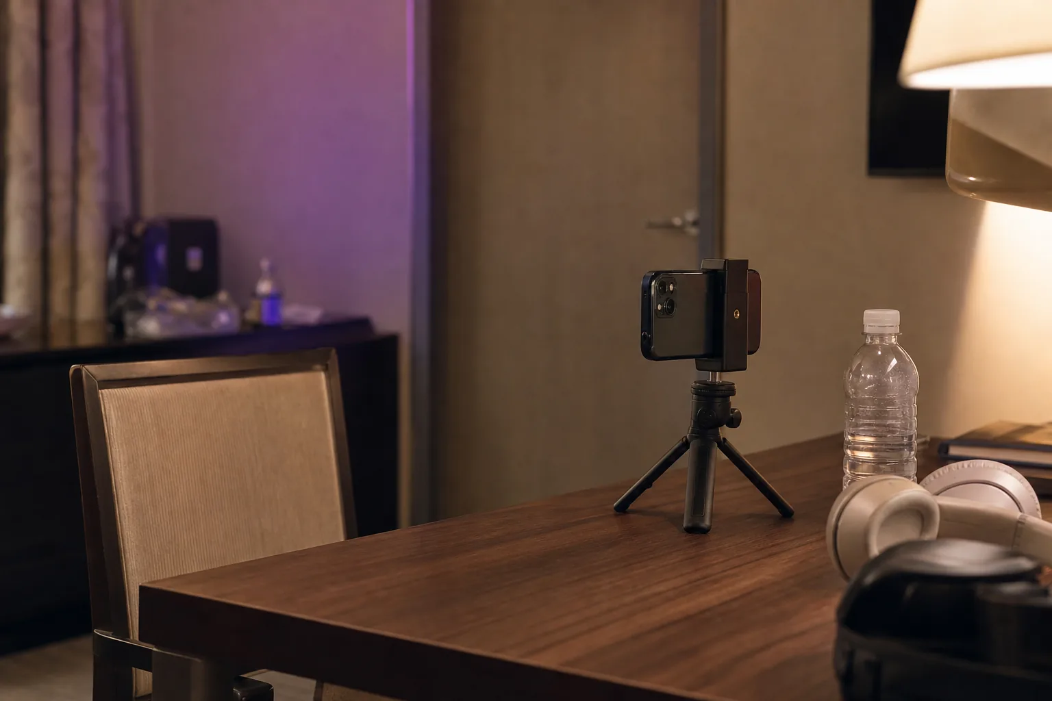 AI-generated editorial image of a quiet streaming desk with a covered meal placed away from the camera
