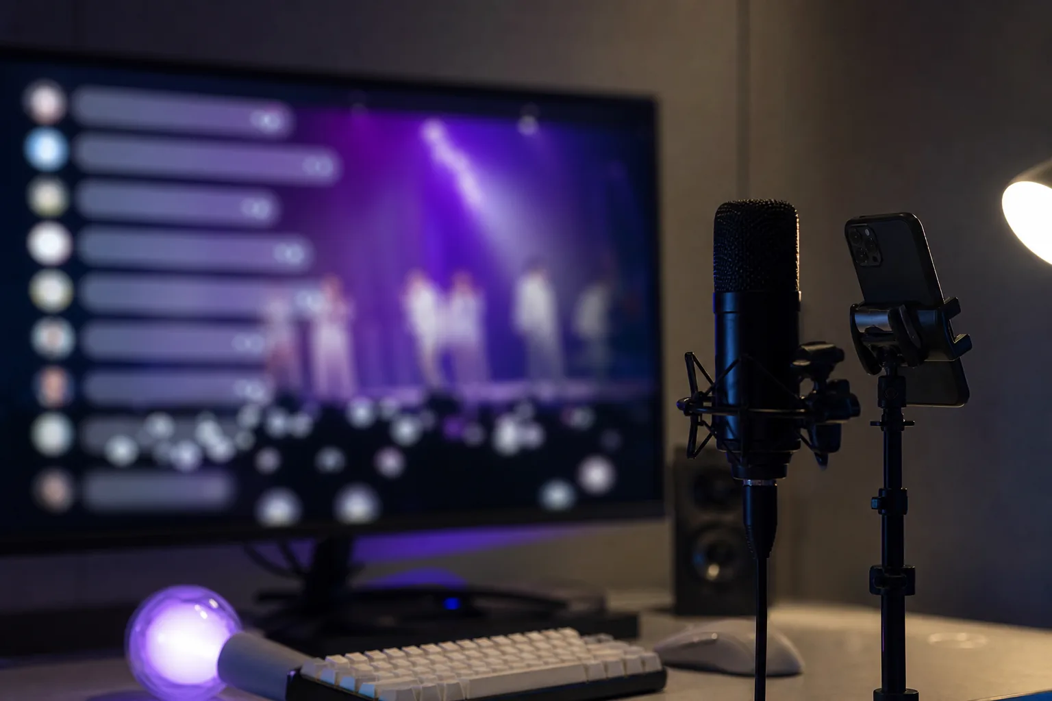 AI-generated editorial image of abstract livestream comments reflected on a studio monitor without readable text