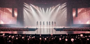 Editorial image of a K-pop reunion concert stage with bright spotlights and a cheering audience