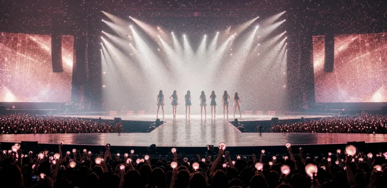 Editorial image of a K-pop reunion concert stage with bright spotlights and a cheering audience