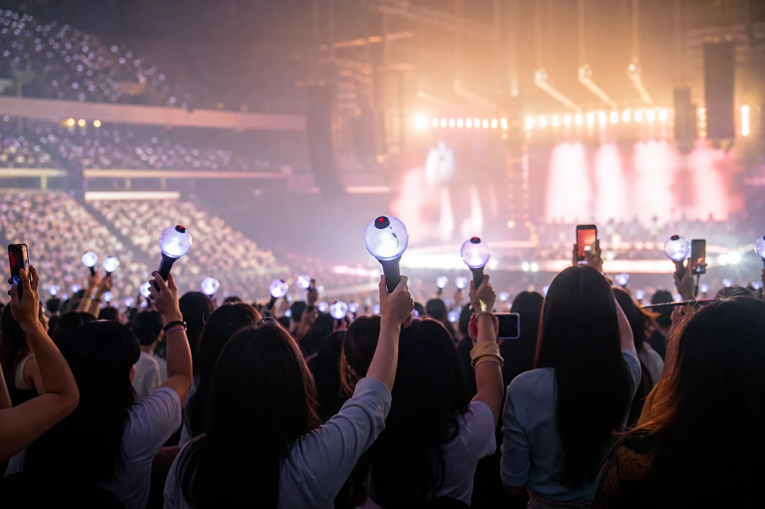 K-pop fans holding light sticks at a reunion concert