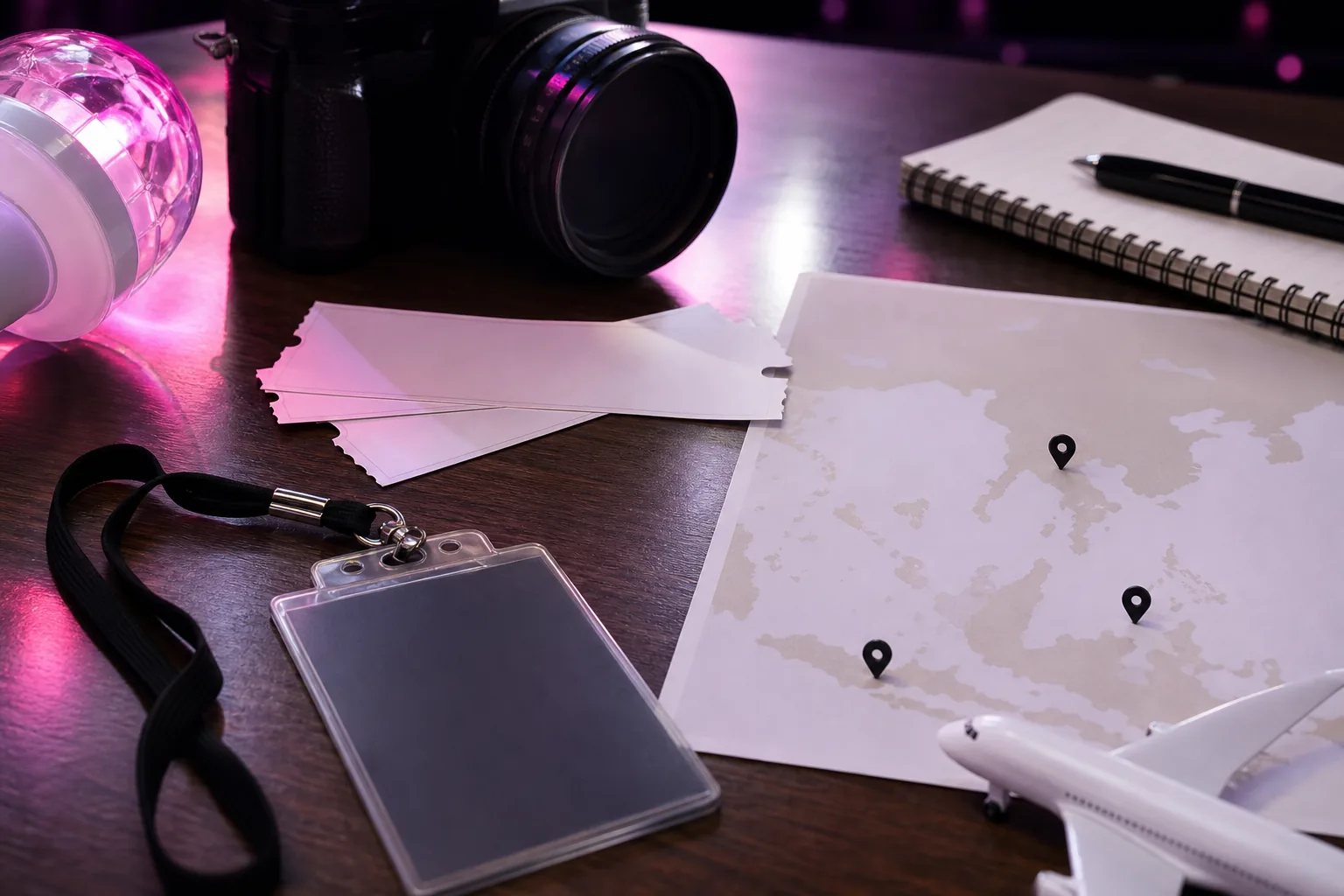 Editorial image of an Asian tour map concept with concert tickets and stage lighting