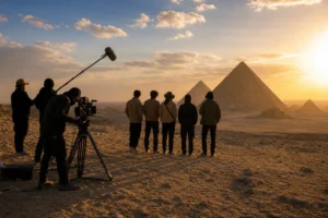 Editorial image of a Korean travel variety show filming in Egypt near desert landmarks