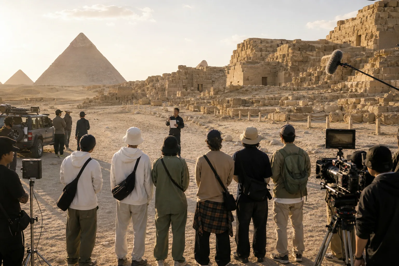 Travel variety cast silhouettes near pyramids and desert production cameras