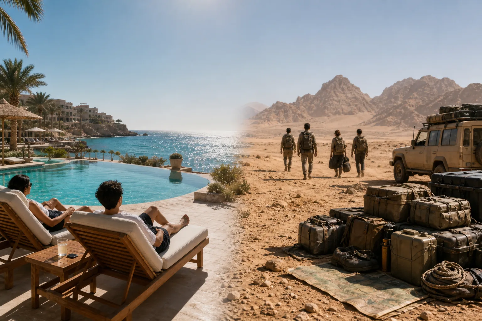 Luxury seaside resort contrasted with desert survival travel mission
