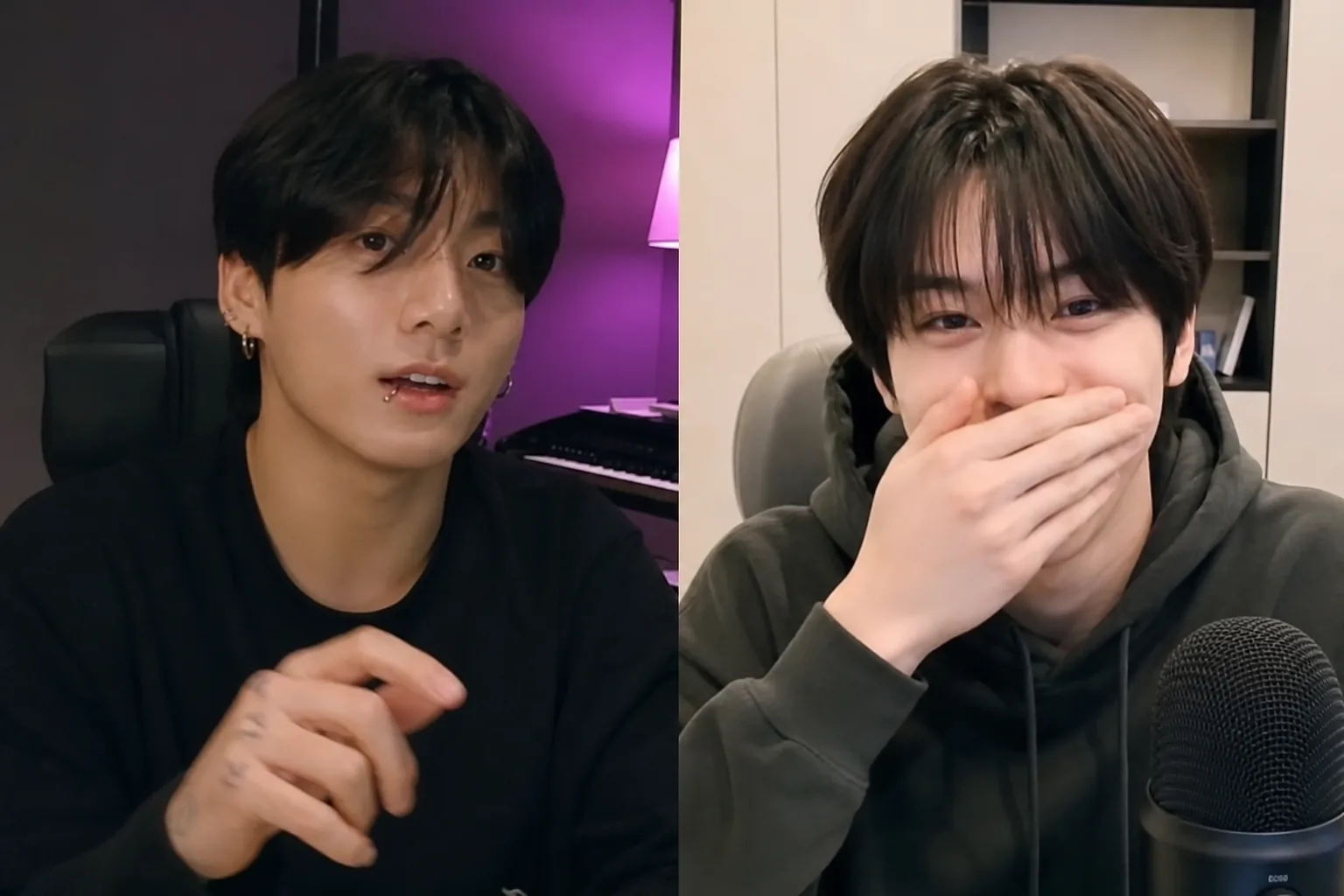 K-pop senior junior recognition moment shown through a modern livestream setup