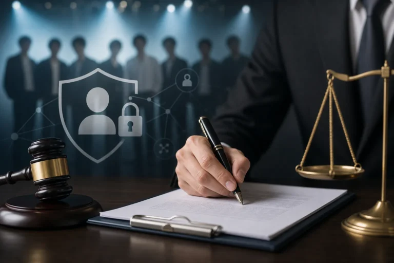 HYBE artist rights legal protection concept with digital monitoring and documents