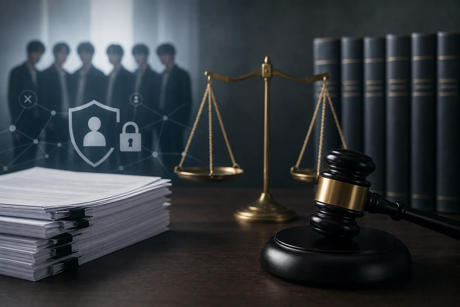 K-pop artist rights monitoring system with legal documents and digital screens