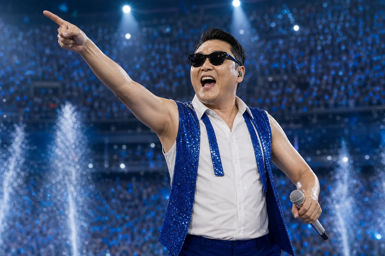 Blue and white dressed fans entering a Korean summer concert stadium