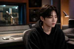 A quiet recording studio representing TREASURE member Junkyu's temporary pause from K-pop activities