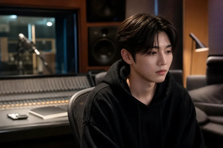 A quiet recording studio representing TREASURE member Junkyu's temporary pause from K-pop activities