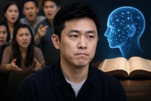 Editorial image representing Mark Lee AI Bible discussion backlash