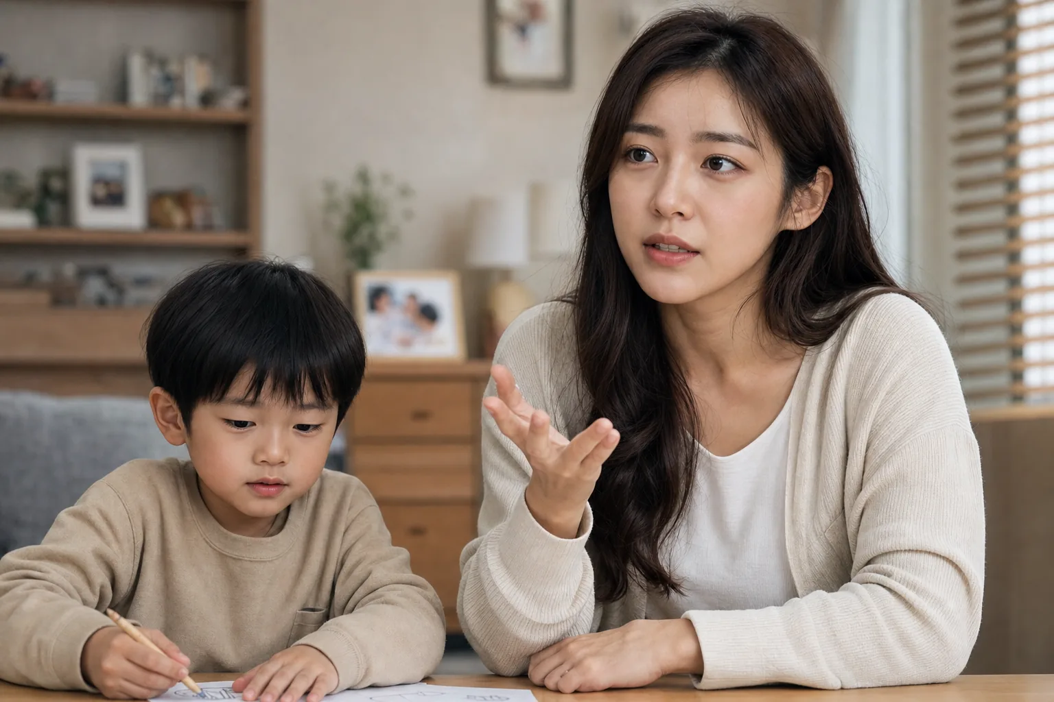 Single parent reviewing household expenses and child support documents